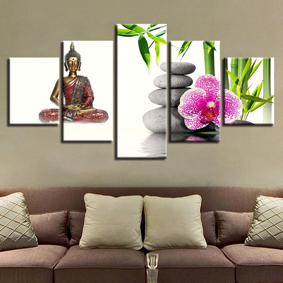Figure Of Buddha Flowers Bamboo – Religion Canvas Wall Art