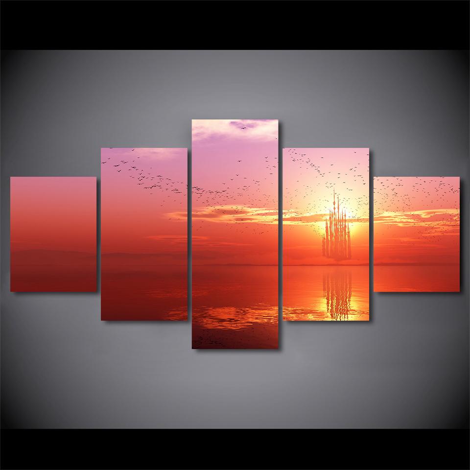 Fire Cloud Red Sky Sunset Flock Of Seabirds – Nature Canvas Wall Art