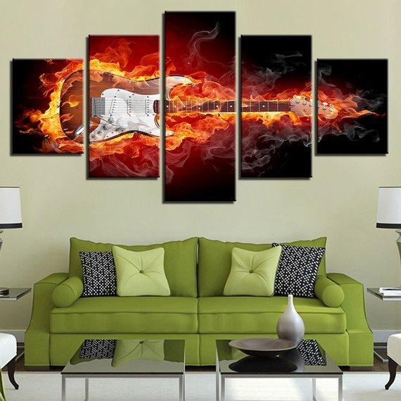 Fire Electric Guitar Musical Instruments – Abstract Canvas Wall Art