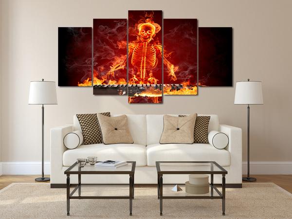 Fire Flames Skull Skeleton Keyboard Player – Abstract Music Canvas Wall Art