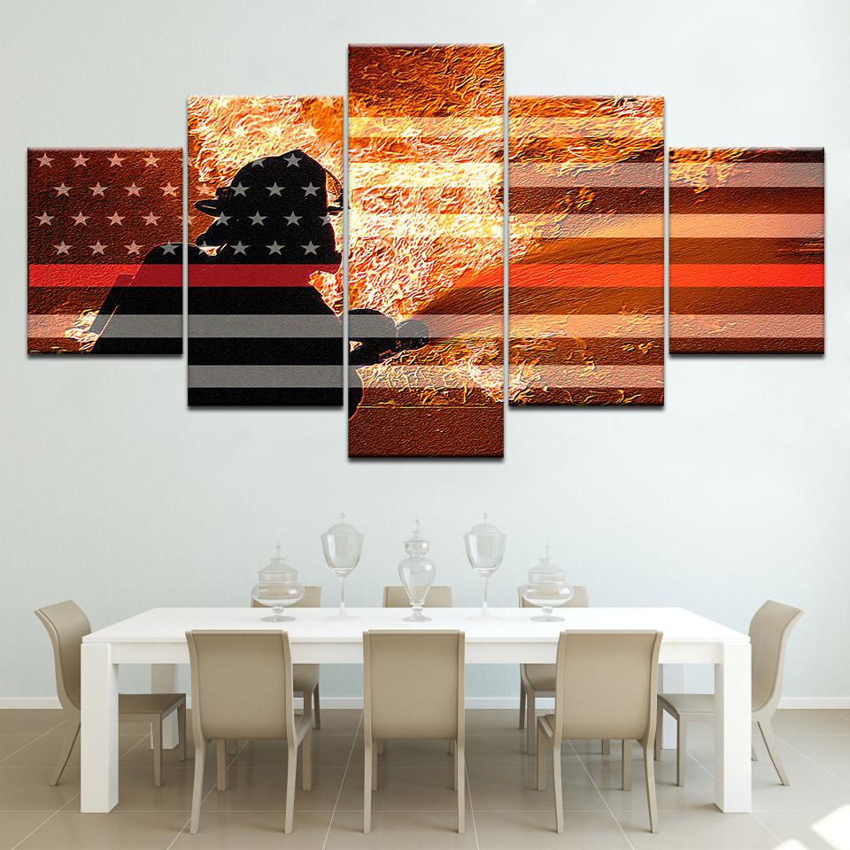 Firefighter Fighting Flames Red Line Flag – Abstract Canvas Wall Art