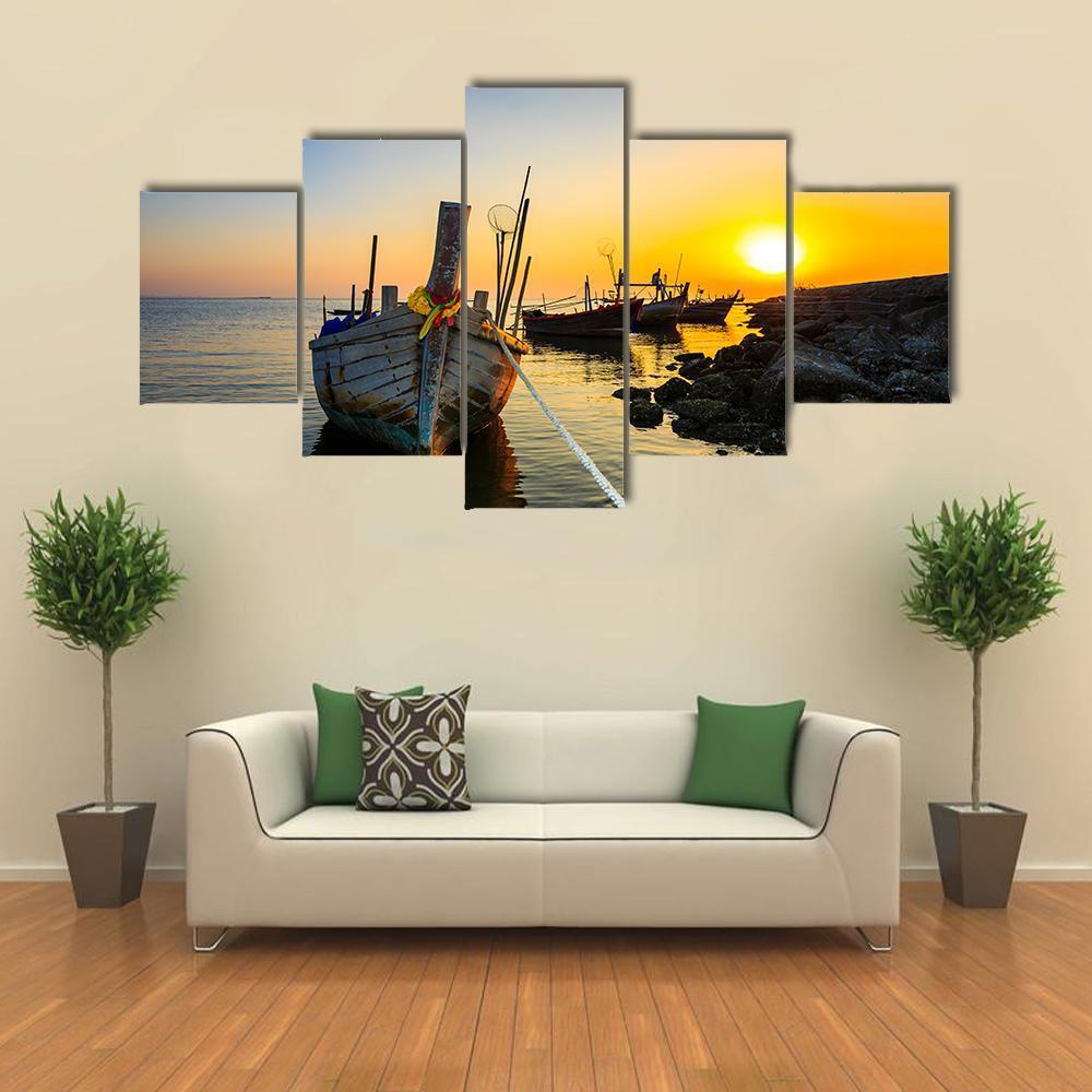 Fishing Boat With Sunset – Nature Canvas Wall Art