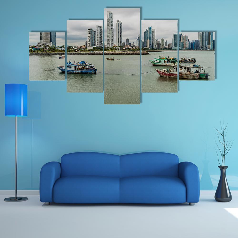 Fishing Boats In A Port With Skyline Of Panama Cit – Fishing Canvas Wall Art