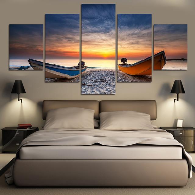 Fishing Boats On Beach At Sunset – Nature Canvas Wall Art