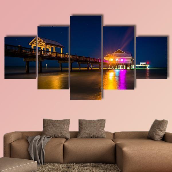 Fishing Pier And The Gulf Of Mexico At Night – Nature Canvas Wall Art