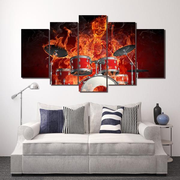 Flaming Skeleton Drummer Skull Drums Fire – Abstract Canvas Wall Art