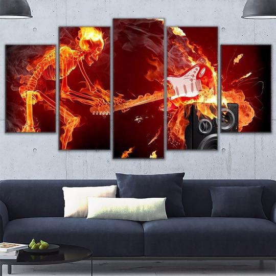 Flaming Skeleton Smashing Guitar – Music Canvas Wall Art