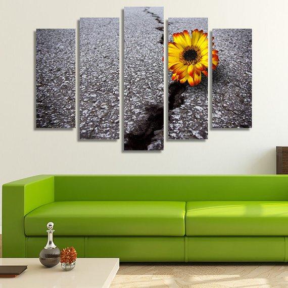 Flower Growing On A Crack In Old Asphalt Pavement – Nature Canvas Wall Art