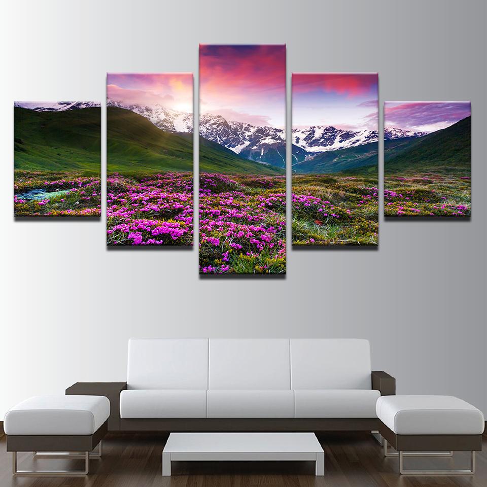 Flowers Snow Mountains And Plains Landscape – Nature Canvas Wall Art