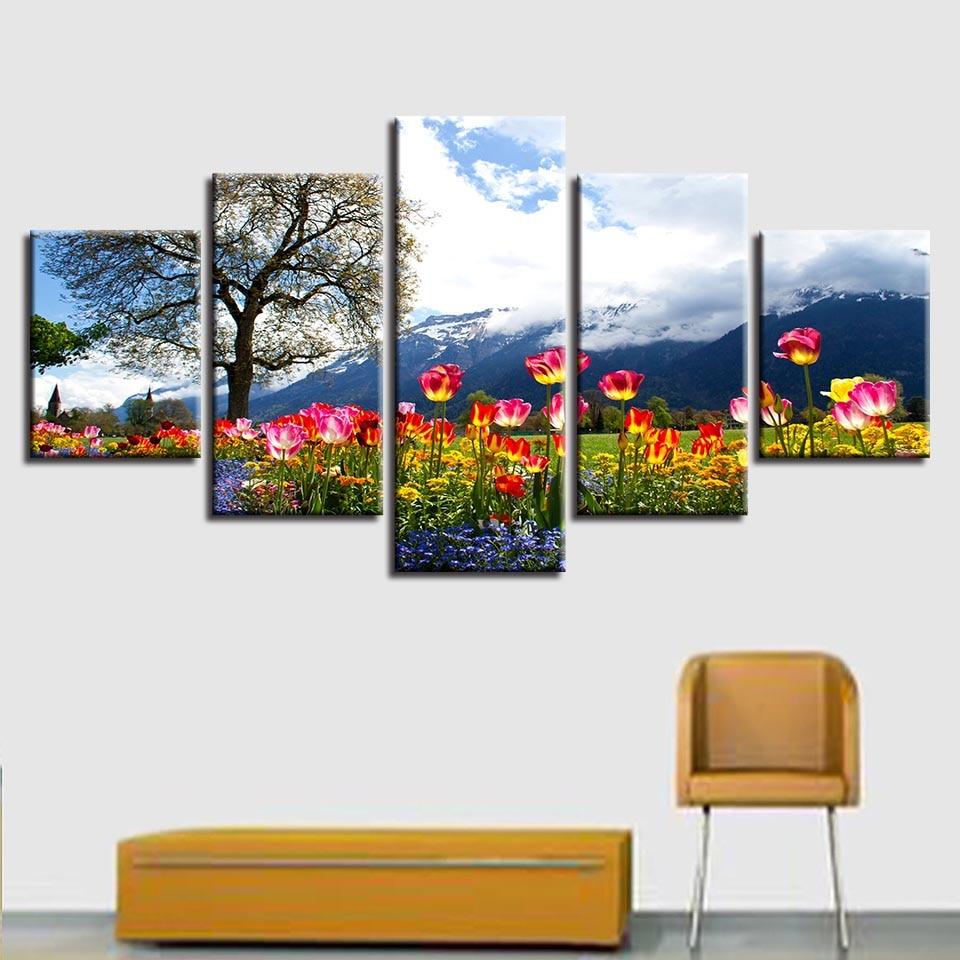 Flowers Tree Mountain And White – Nature Canvas Wall Art
