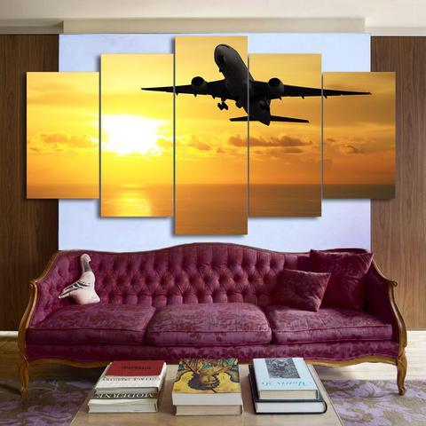 Flying Airplane In Golden Sunset – Airplane Canvas Wall Art