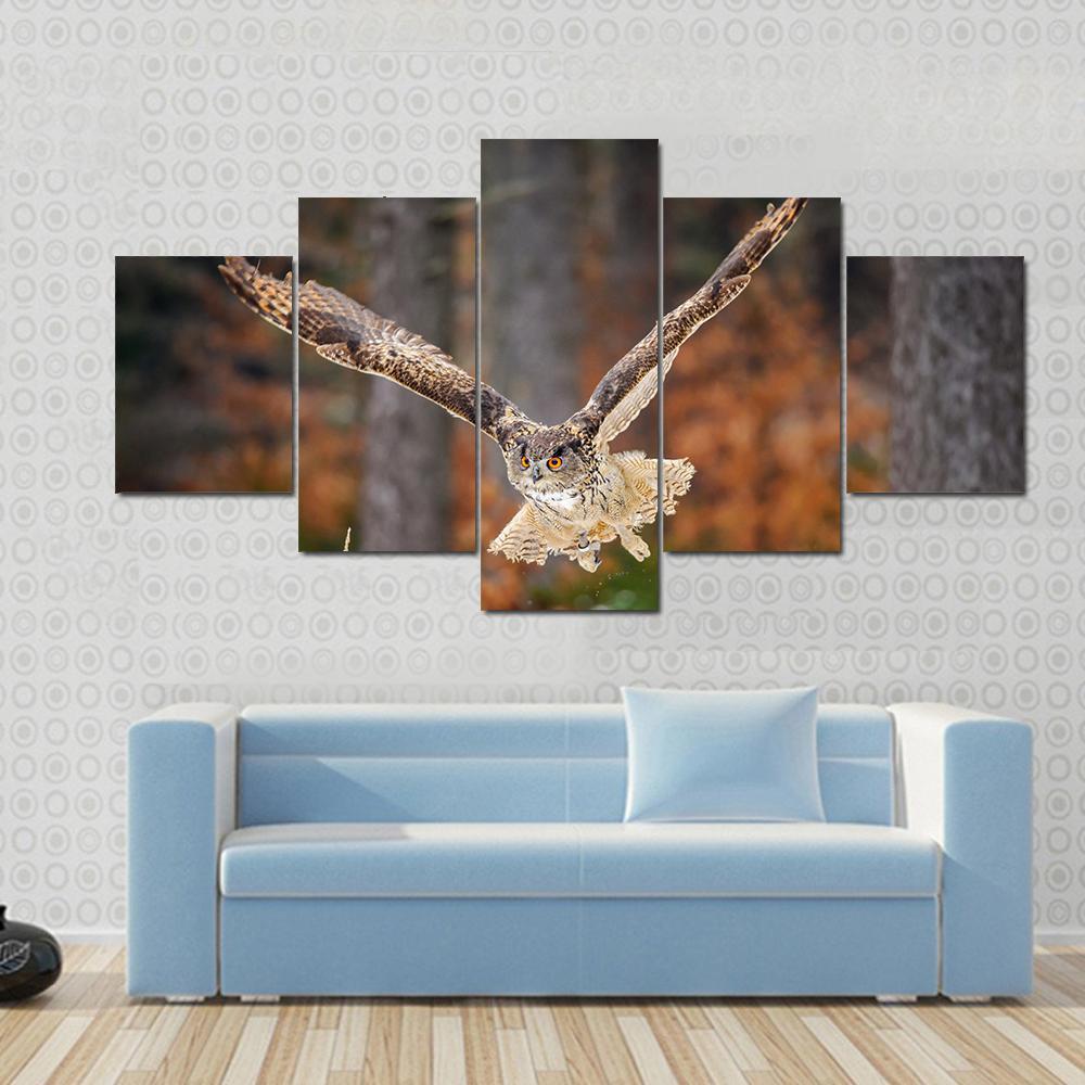 Flying Eurasian Eagle Owl In Colorful Winter Forest Wing Span In Fly – Animal Canvas Wall Art