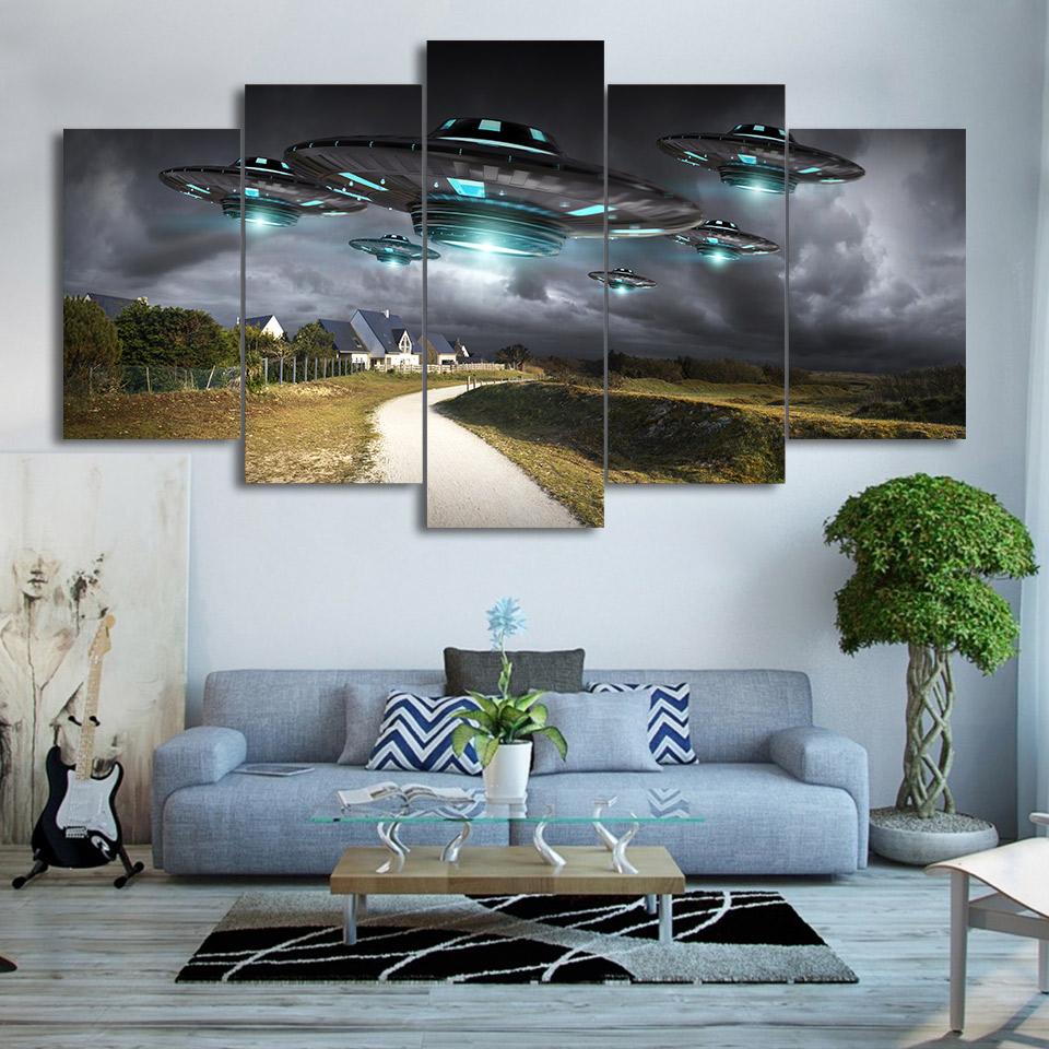 Flying Ufo Dark Sky – Abstract Canvas Wall Art