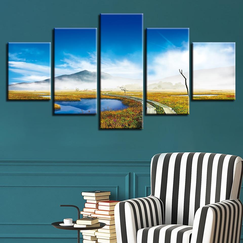 Footpath Mountain And Blue Sky White Cloud – Nature Canvas Wall Art