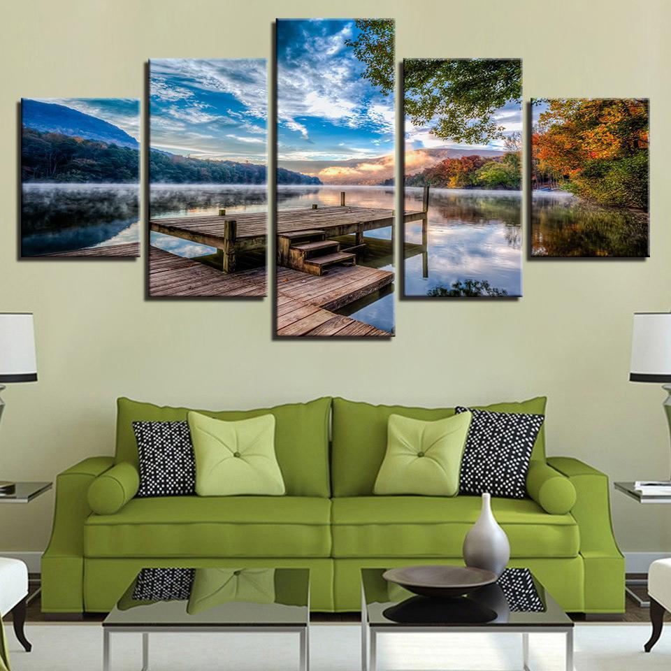 Forest Bridge Stand Lake Early Morning Scenery – Nature Canvas Wall Art