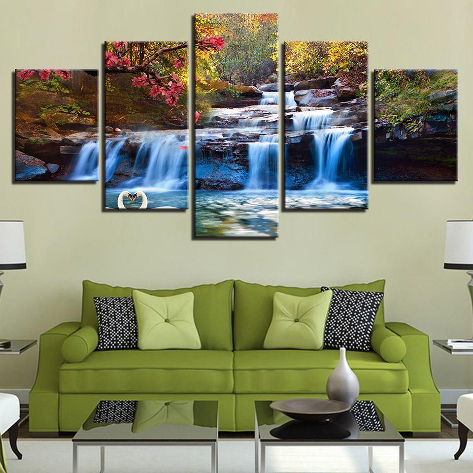 Forest Lake Waterfall Scenery Tree Flower Swan – Nature Canvas Wall Art