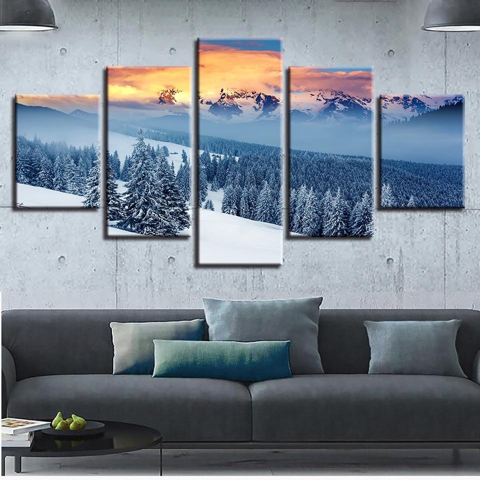 Forest Mountain Sunset Snow – Nature Canvas Wall Art