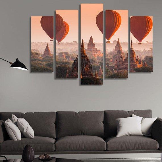 Four Air Balloons Over Buddhist Temples At Sunrise – Nature Canvas Wall Art