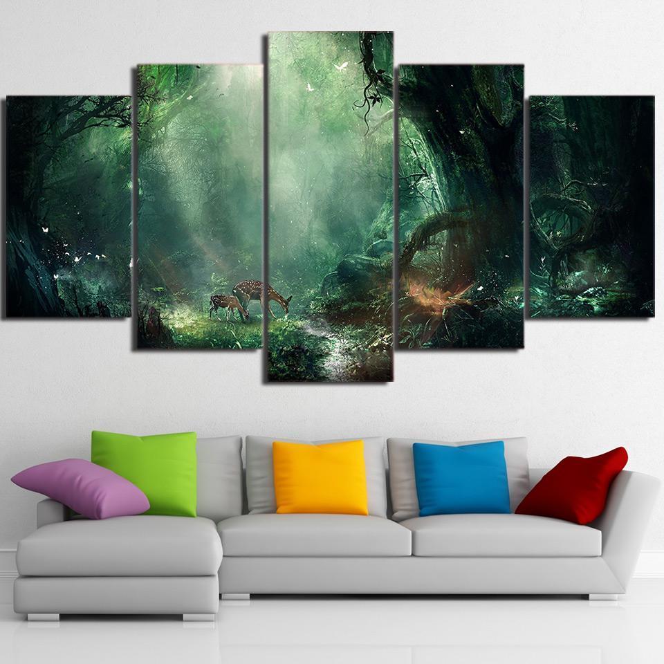 Fresh Magic Forest Deers – Abstract Nature Canvas Wall Art