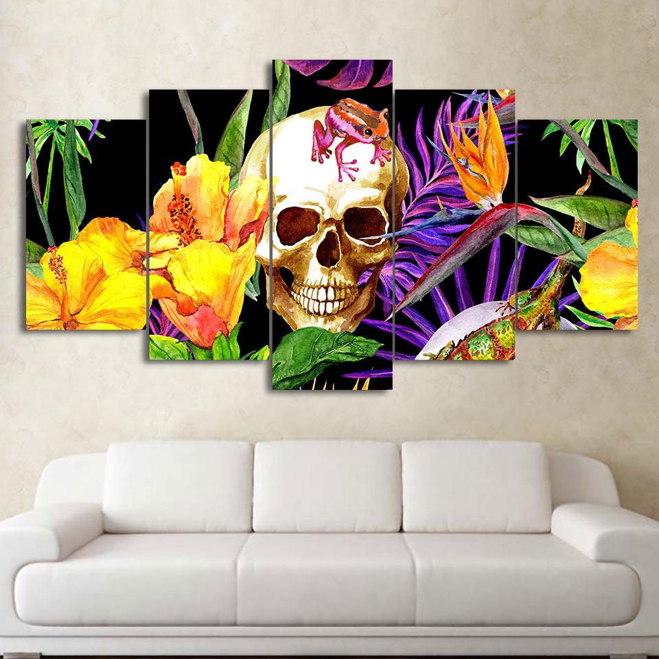 Frog On Skull In Flowers – Abstract Canvas Wall Art