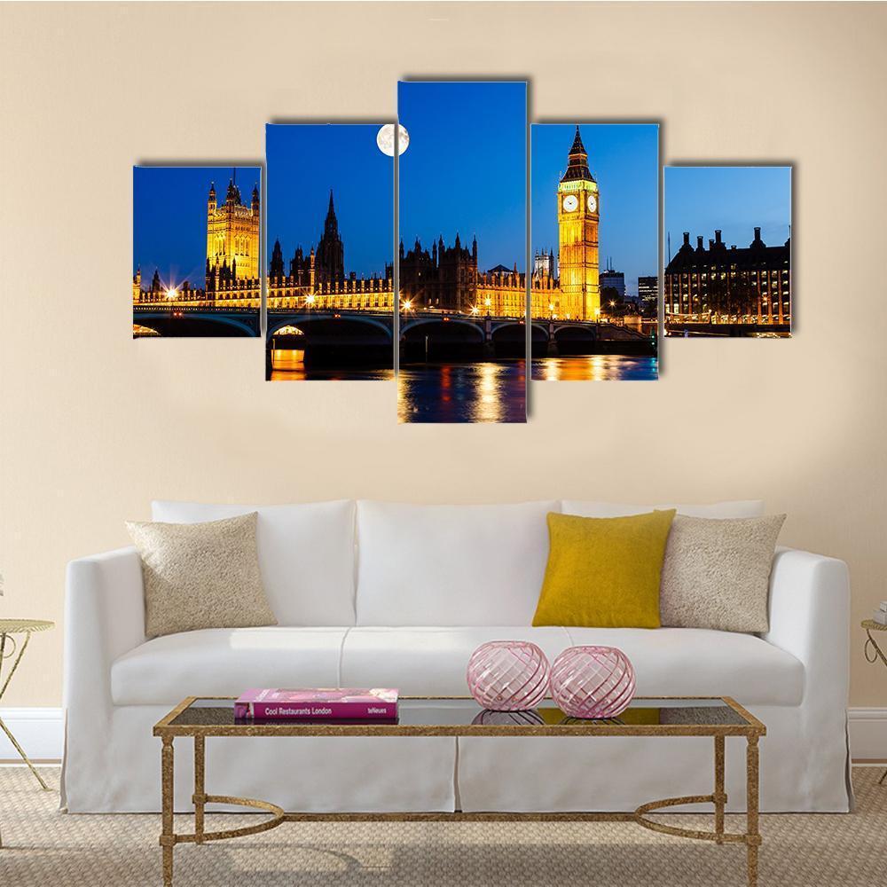 Full Moon Above Big Ben And House Of Parliament In London – Nature Canvas Wall Art