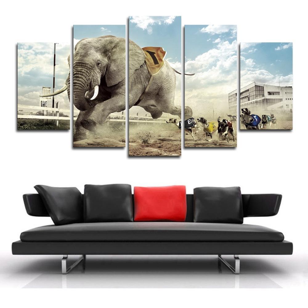 Funny Elephant And Dogs Race – Animal Canvas Wall Art