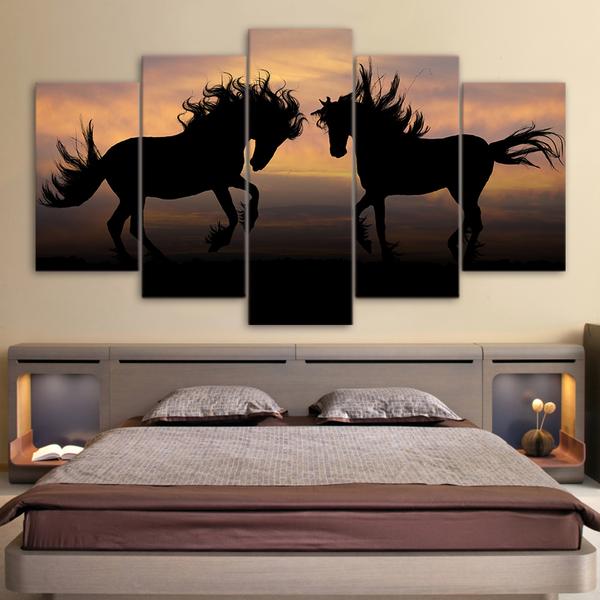 Galloping Black Horses Silhouette Sunset Modern – Animal Canvas Wall Art