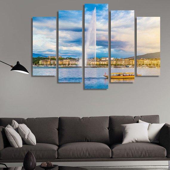 Geneva Skyline With Jet Deau Fountain – Nature Canvas Wall Art