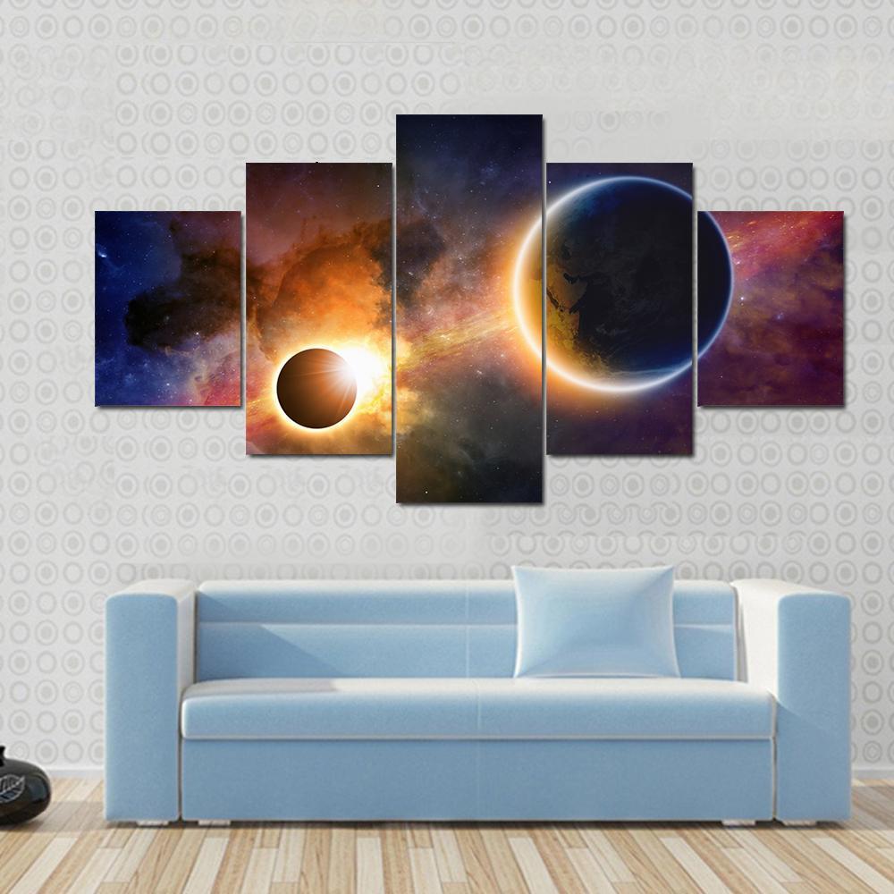 Glowing Planet Earth In Space, Solar Eclipse, Nebula And Stars – Space Canvas Wall Art