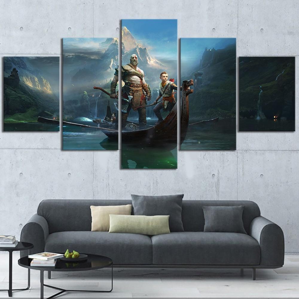 God Of War Kratos & Atreus On The River Gaming Canvas Wall Art