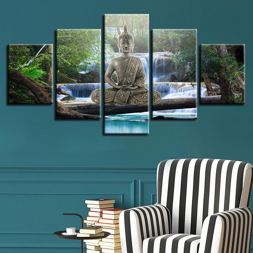 Gold Buddha Meditation Waterfall – Religion Canvas Wall Art