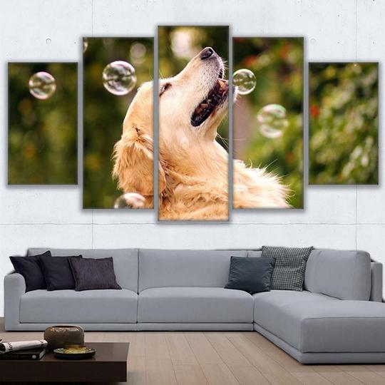 Golden Lab Labrador Retriever Playing With Bubbles – Animal Canvas Wall Art