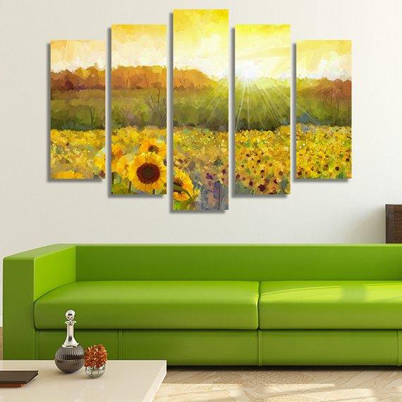 Golden Sunset Over A Sunflower Field – Nature Canvas Wall Art