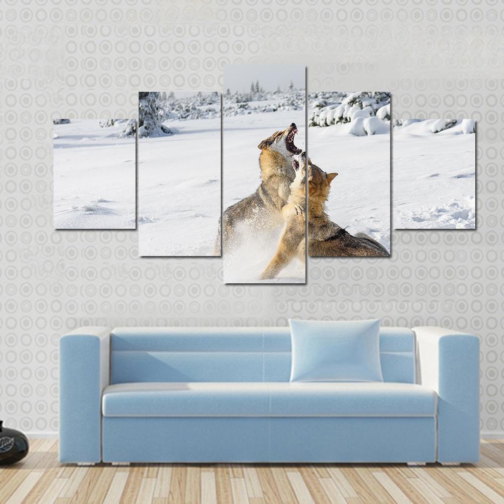 Gray Wolves Pack Howling In Snow – Animal Canvas Wall Art