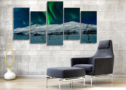 Green Aurora And Snow Mountain – Nature Canvas Wall Art