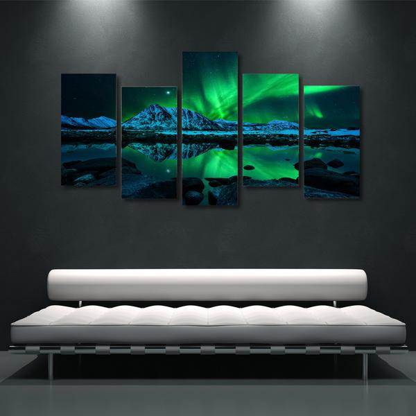 Green Aurora Borealis Lake Hill Night 1 – Nature Canvas Wall Art