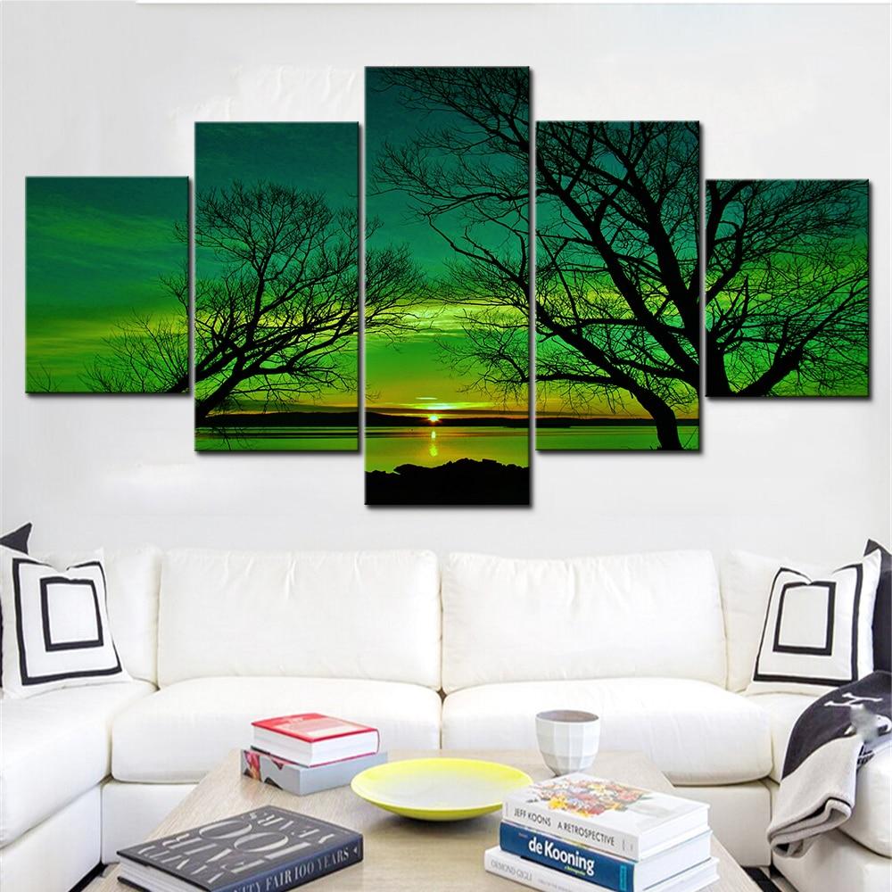 Green Aurora Tree Sunset – Nature Canvas Wall Art