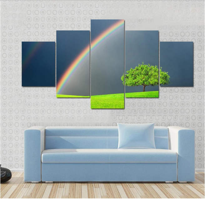 Green Field With Tree&Amp;Double Rainbow – Nature Canvas Wall Art