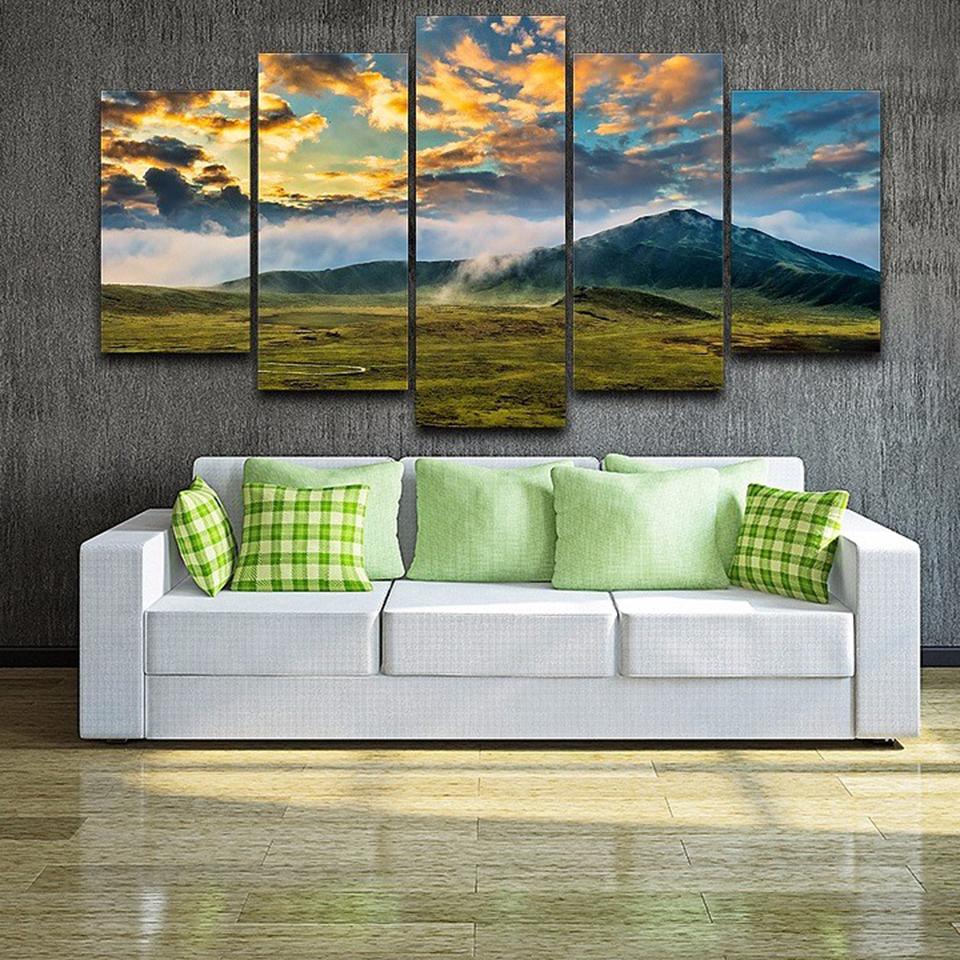 Green Grass Lawn And Mountains – Nature Canvas Wall Art