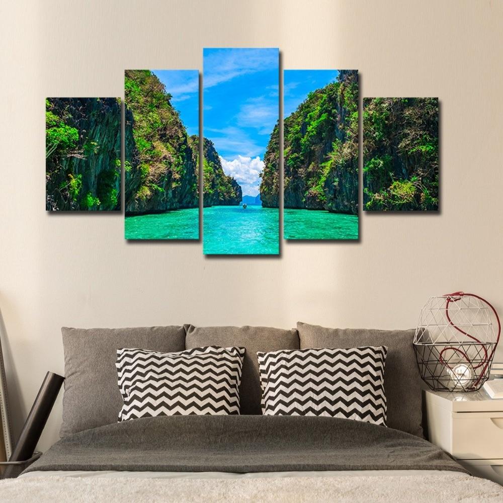 Green Hills And Water Blue Sky White Cloud – Nature Canvas Wall Art