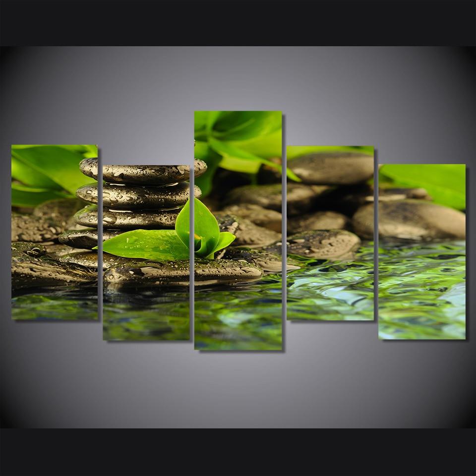 Green Leaves Water Sprint Stone – Nature Canvas Wall Art