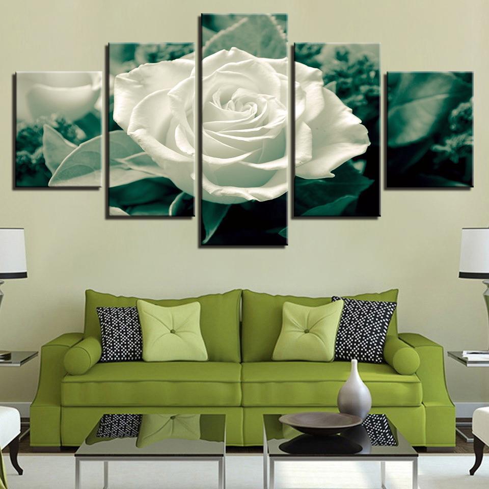 Green Leaves White Rose Flower – Nature Canvas Wall Art