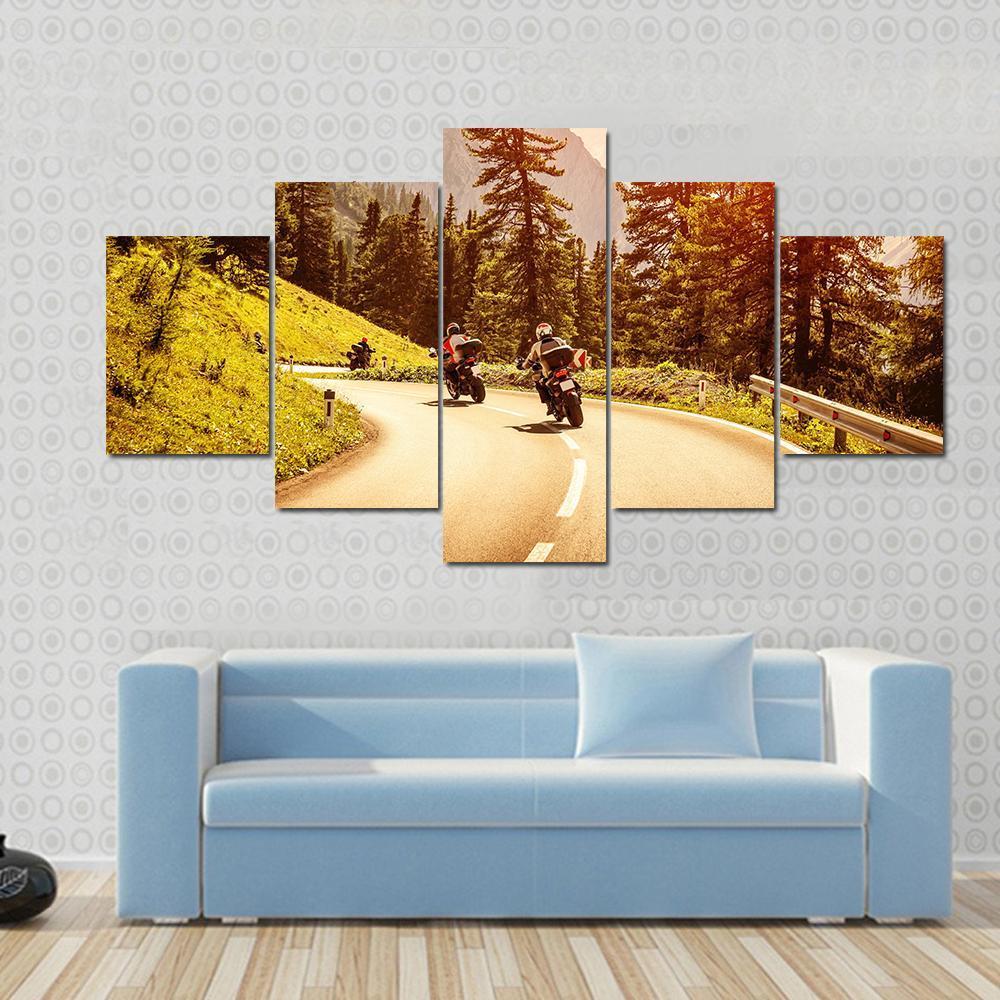 Group Of Motorcyclists Riding On Curves Mountainous Road – Sport Canvas Wall Art