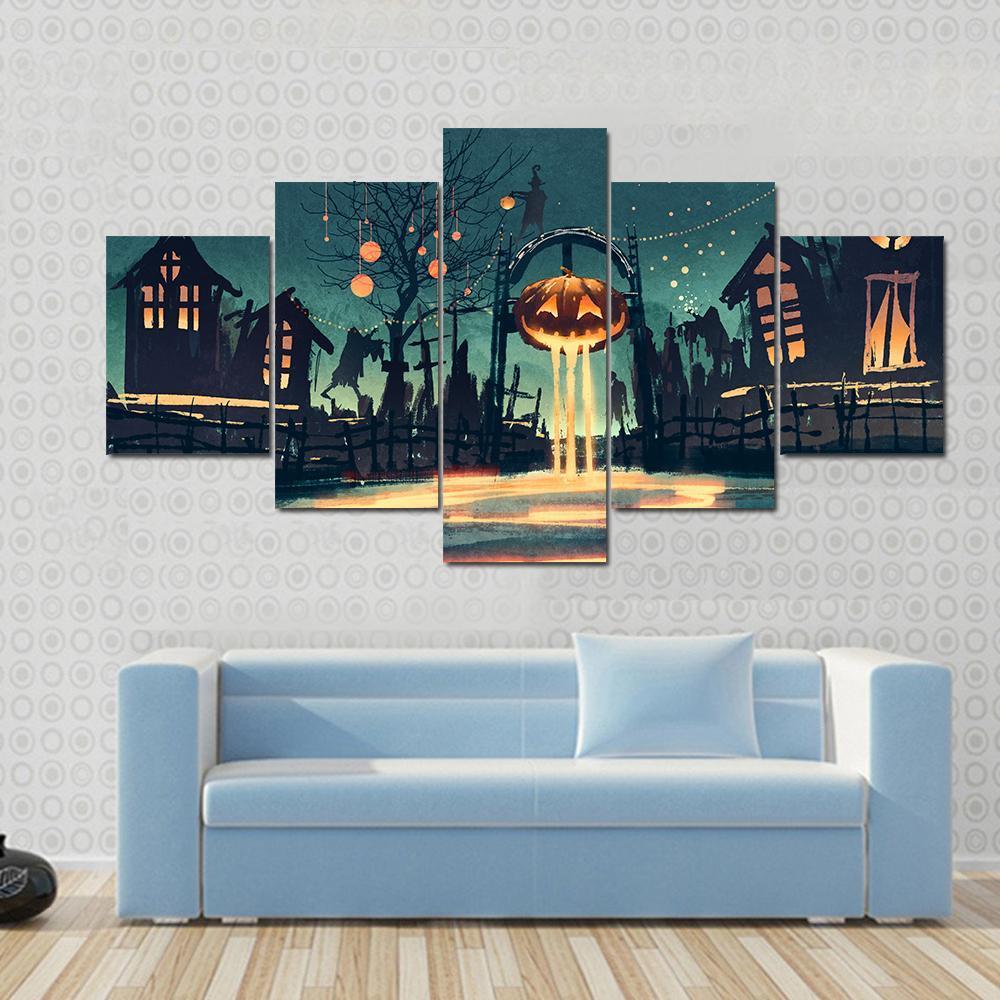 Halloween Night With Pumpkin And Haunted Houses,Illustration – Nature Canvas Wall Art