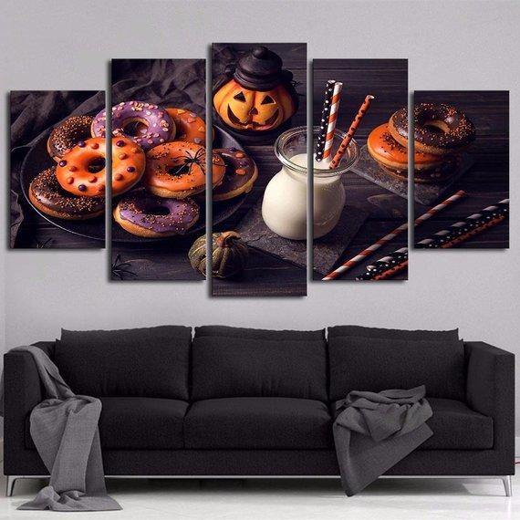 Halloween Pumpkin Donuts Milk Food – Kitchen Canvas Wall Art