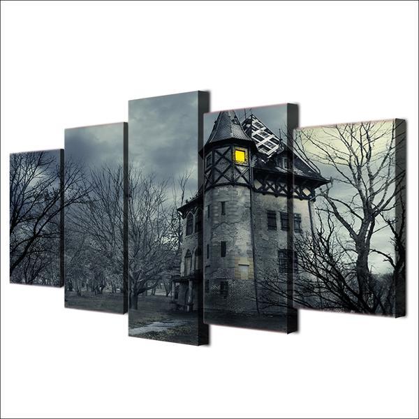 Halloween Spooky Grey Castle – Abstract Canvas Wall Art