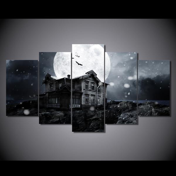 Halloween Spooky Haunted House Full Moon Bats – Abstract Canvas Wall Art