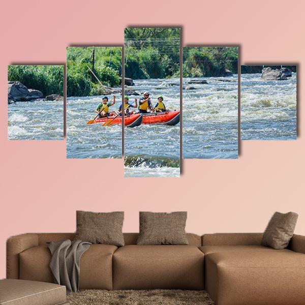 Happy Family Rafting In River – Sport Canvas Wall Art