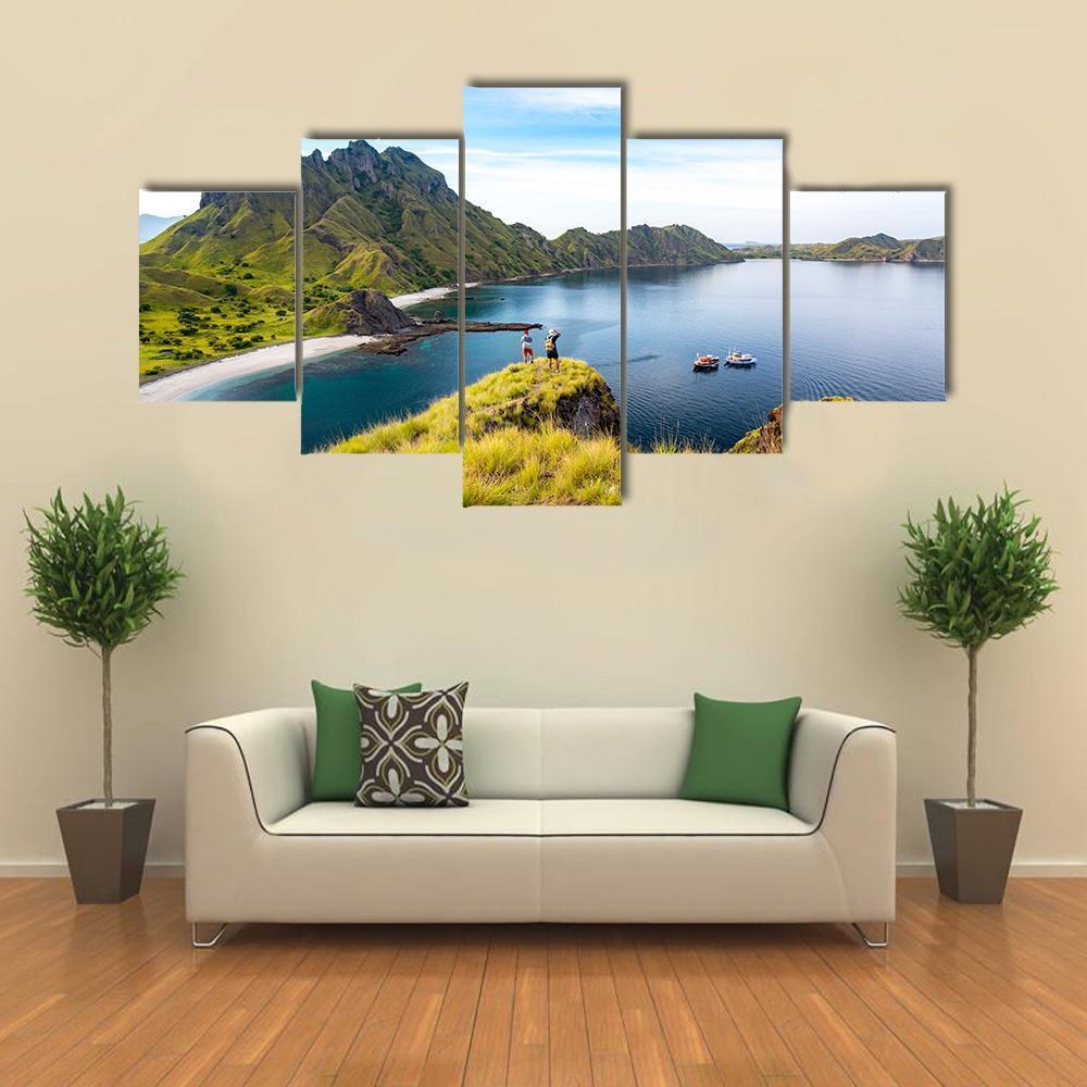 Happy Hikers Standing On Cliff Mountain – Nature Canvas Wall Art