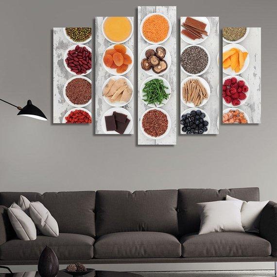Healthy Selection Of Food In Porcelain Bowls – Kitchen Canvas Wall Art